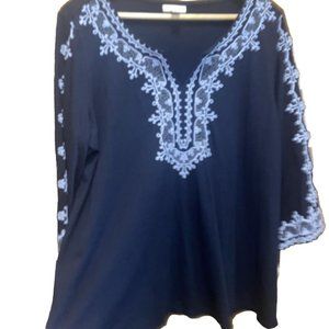 J. Jill Embroidery Large Petite Tunic Boho 3/4 Sleeve Top Blouse